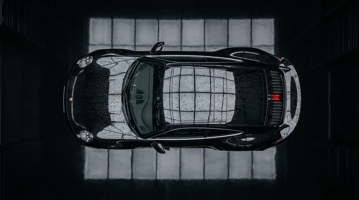 Black Porsche on an obsidian floor — luxury automotive photography