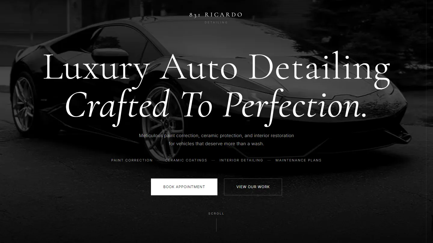 831 Ricardo Detailing homepage hero — bold black-and-white automotive detailing typography and photography