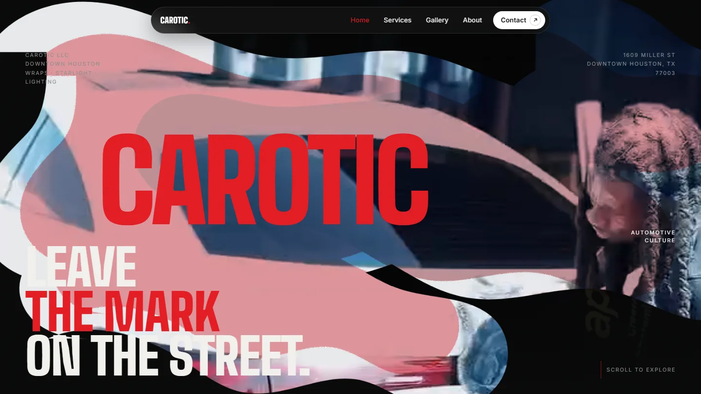 Carotic homepage hero — Houston wraps and custom-build shop archive layout